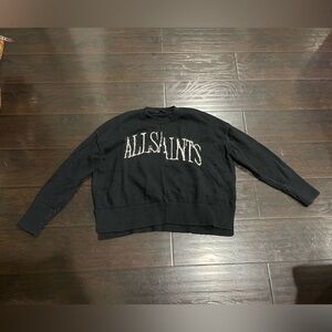 All Saints Black Split Saints Crewneck Pullover Sweater Size Medium Fuzzy Logo